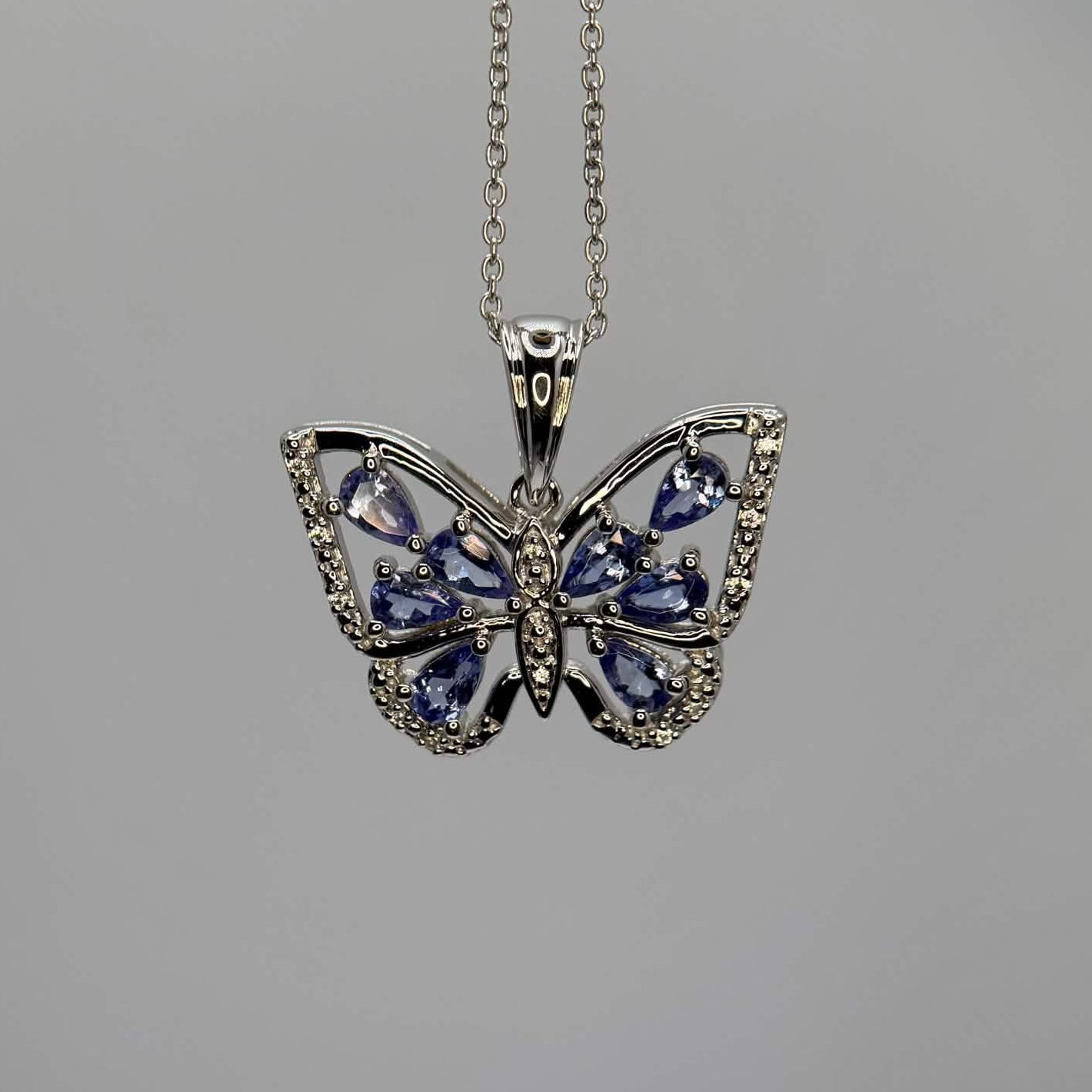 Genuine Tanzanite and White Topaz Butterfly Pendant