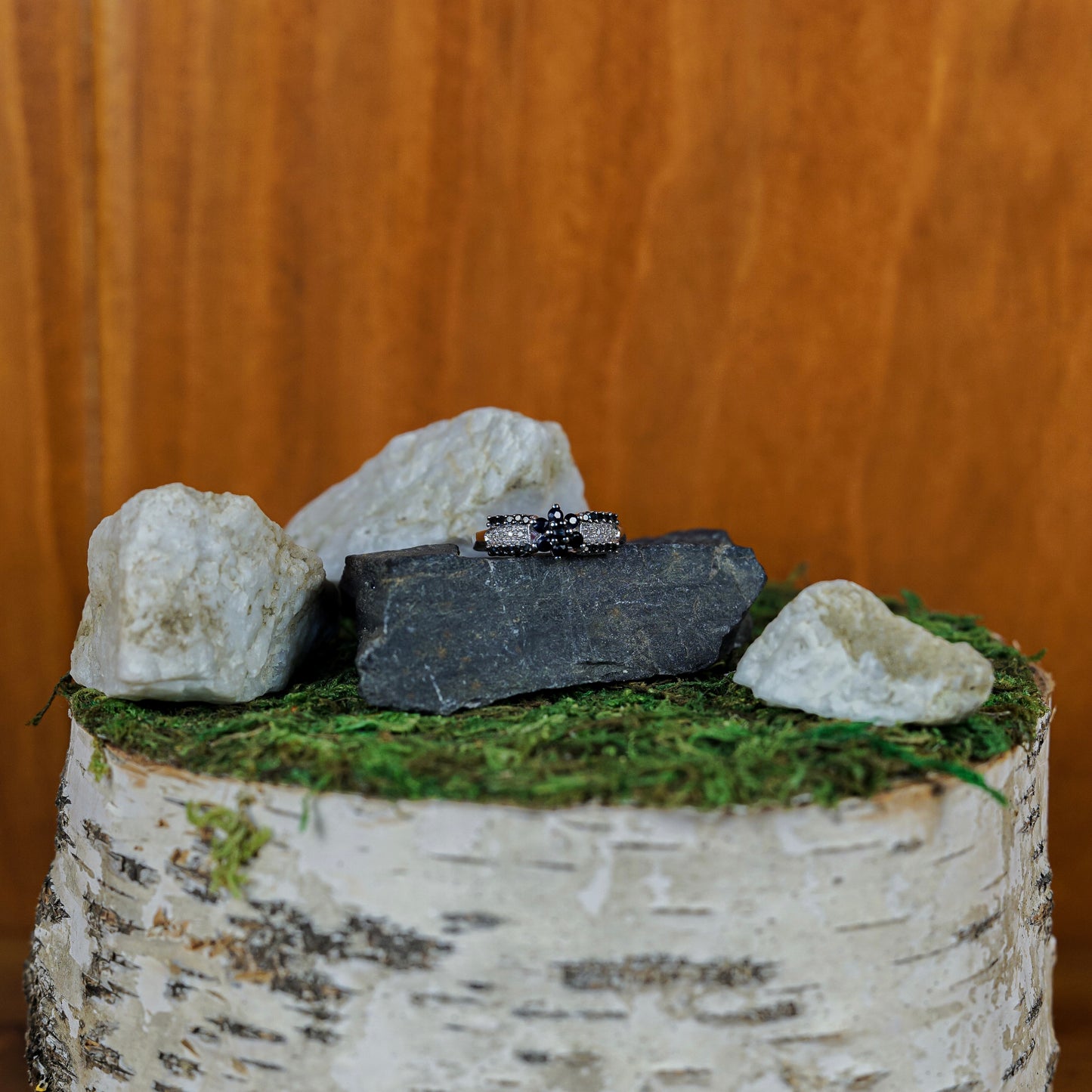 0.45ct Genuine Blue Sapphire with Black and White Natural Diamonds Ring