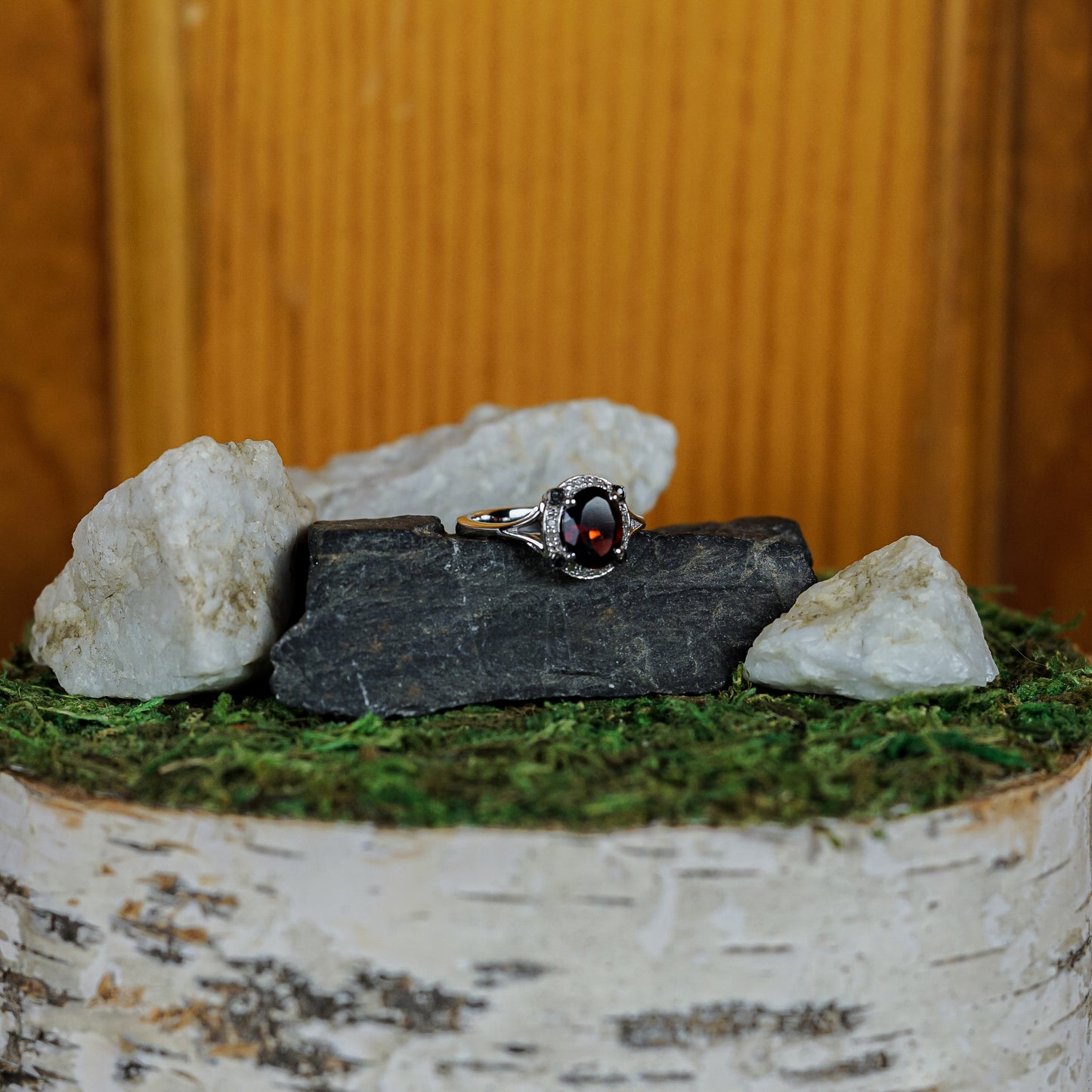 Natural Garnet with White and Black Diamonds Ring