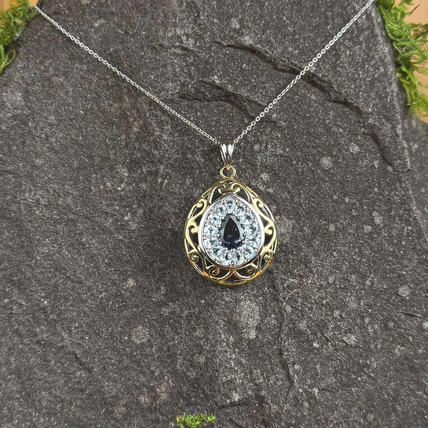 18K Gold Plated Genuine London Blue and Blue Topaz Pendant with Chain