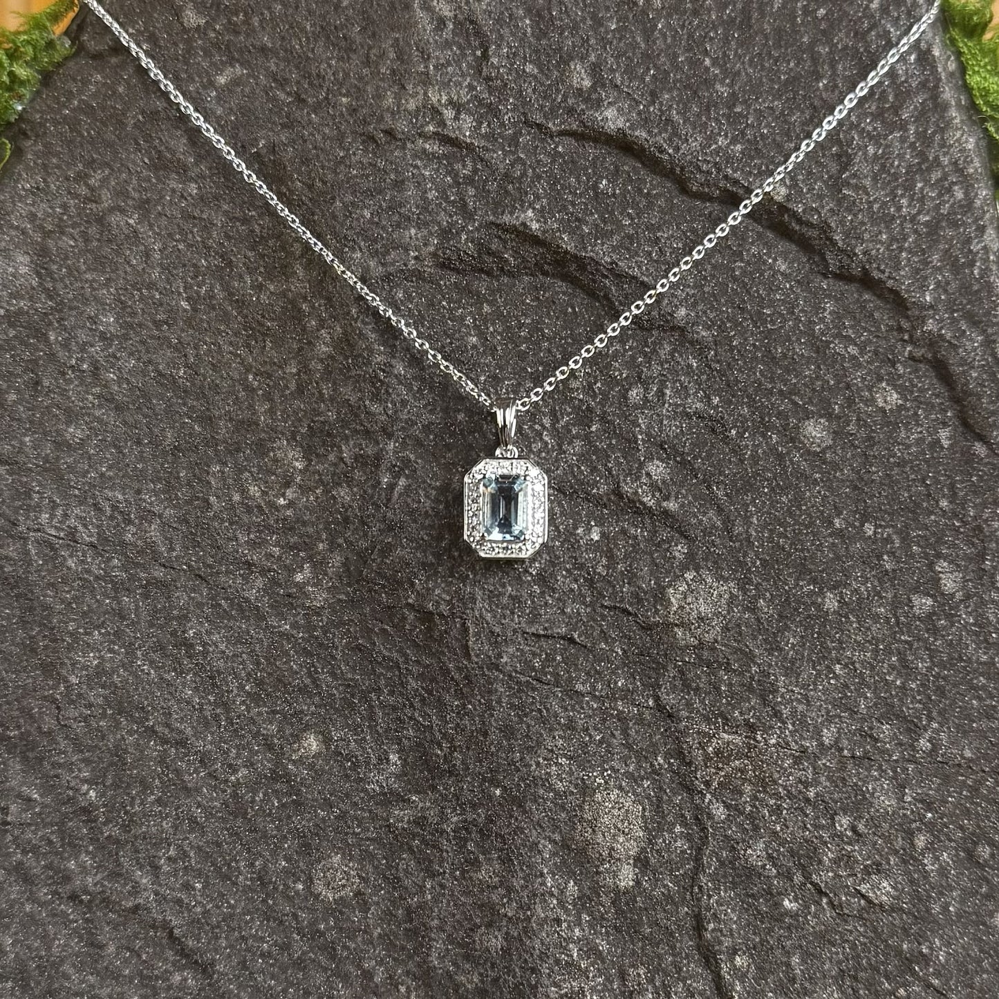 Aquamarine & Lab Diamond Pendant with Chain