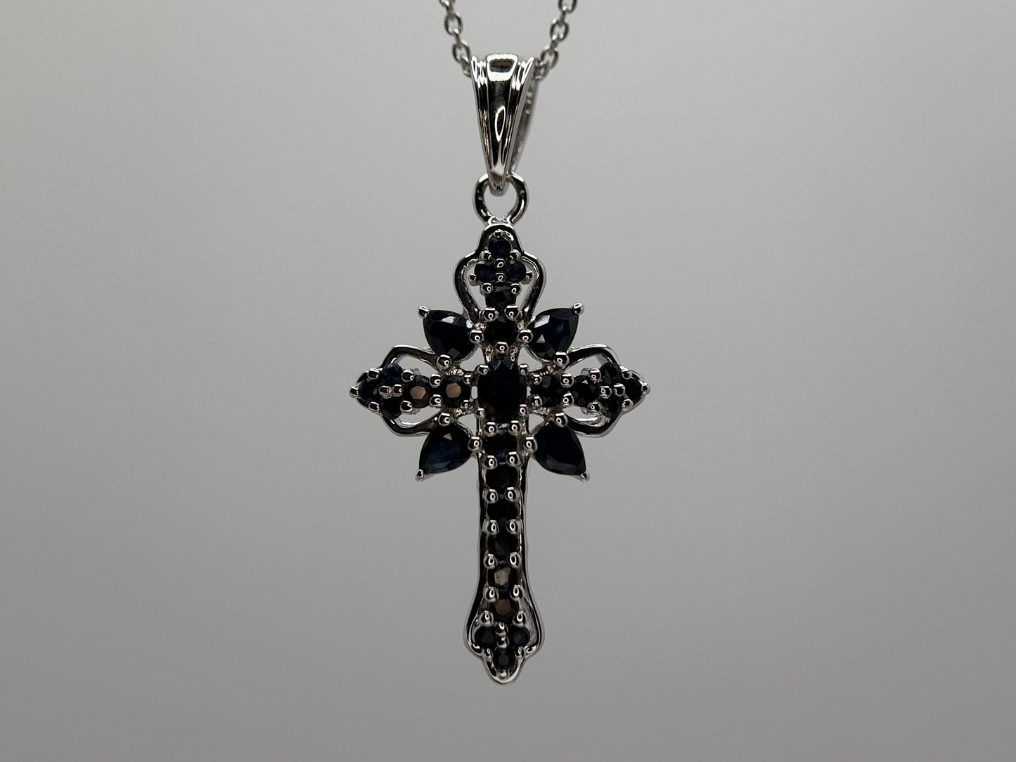 Blue Sapphire Cross Pendant with Chain