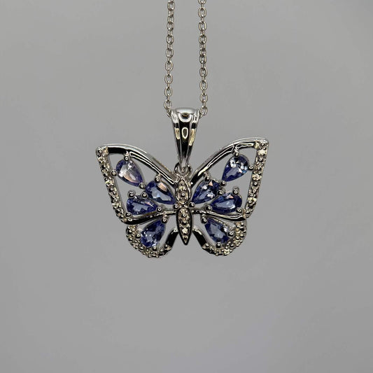 Genuine Tanzanite and White Topaz Butterfly Pendant