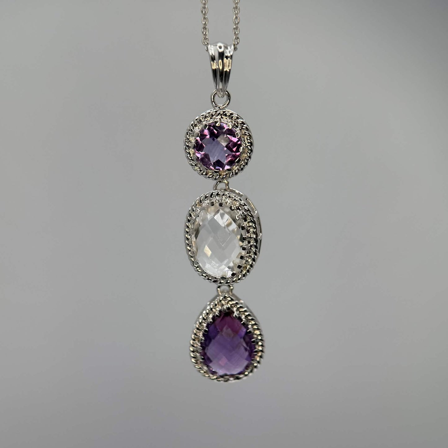 Crystal Quartz and Amethyst Pendant with Chain