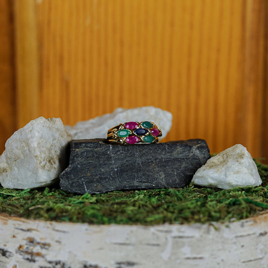 Natural Emerald, Blue Sapphire, and Ruby Ring
