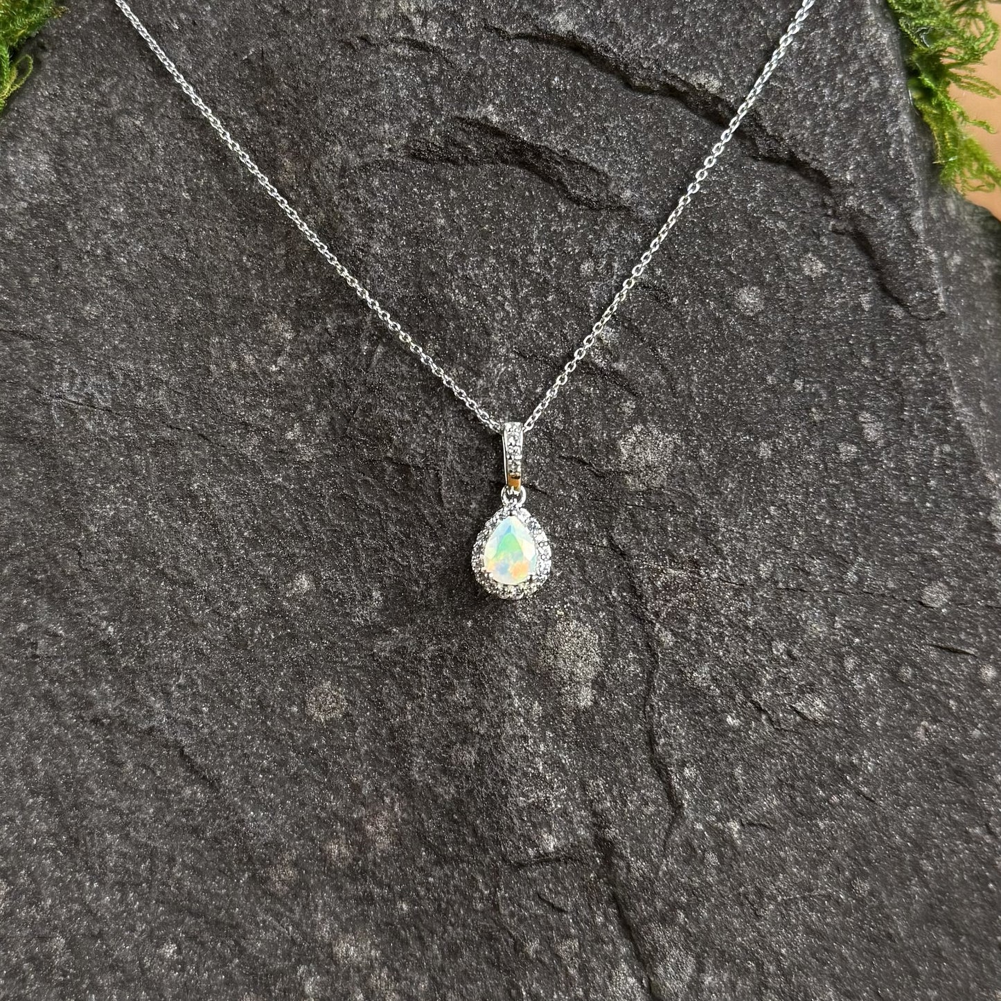 Natural Ethiopian Opal and White Sapphire Pendant with Chain