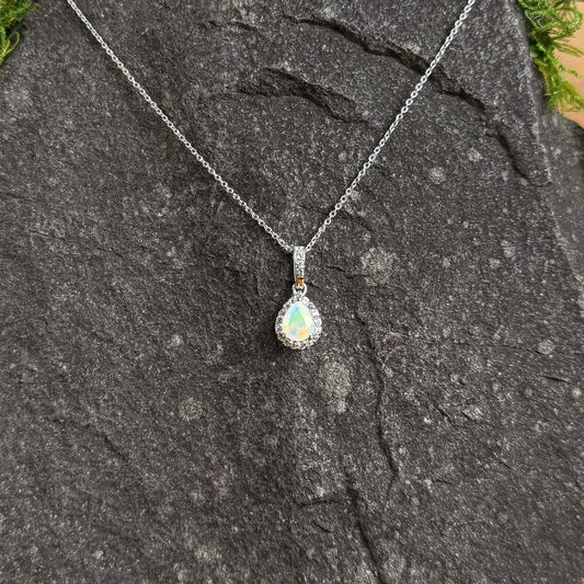 Natural Ethiopian Opal and White Sapphire Pendant with Chain