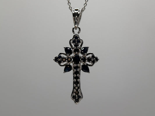 Blue Sapphire Cross Pendant with Chain